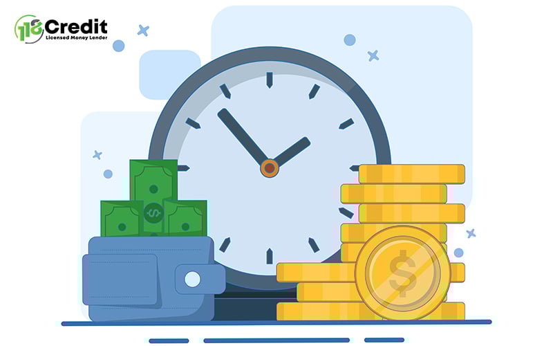 Illustration of 118 Credit showing a clock, money, and urgency.