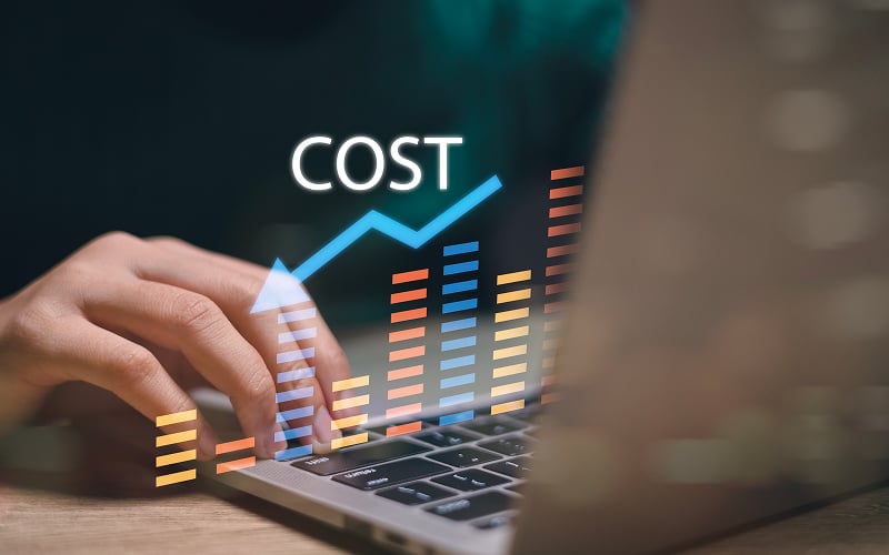 Person analyzing downward cost graphic to manage loan budget.